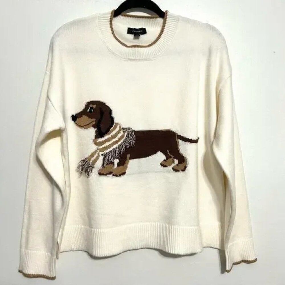 Anthropologie Dachshund Dog 3D Embroidery Novelty Art Beige Knit Sweater NEW M